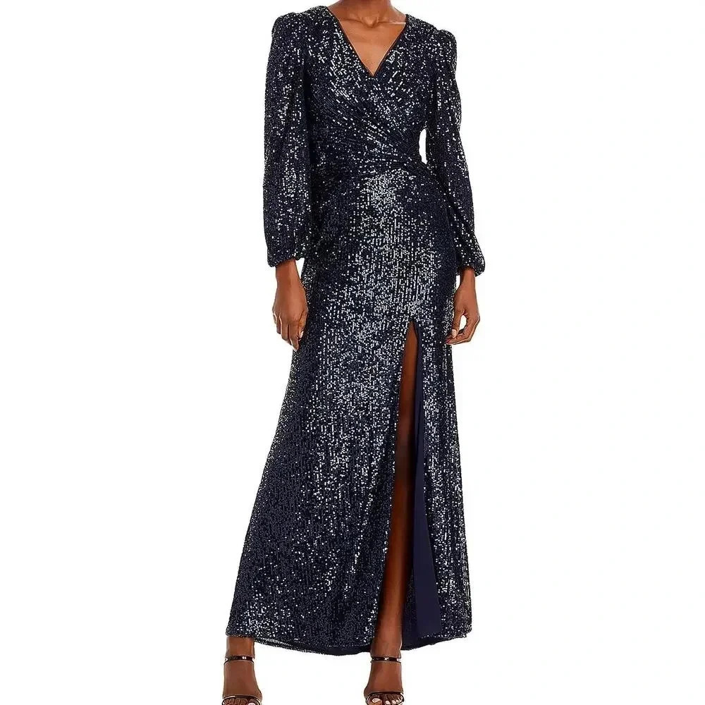 New Aqua Long Sleeve Blue Sequin Twist Long Gown Wedding Gala‎ Dress Women's 10
